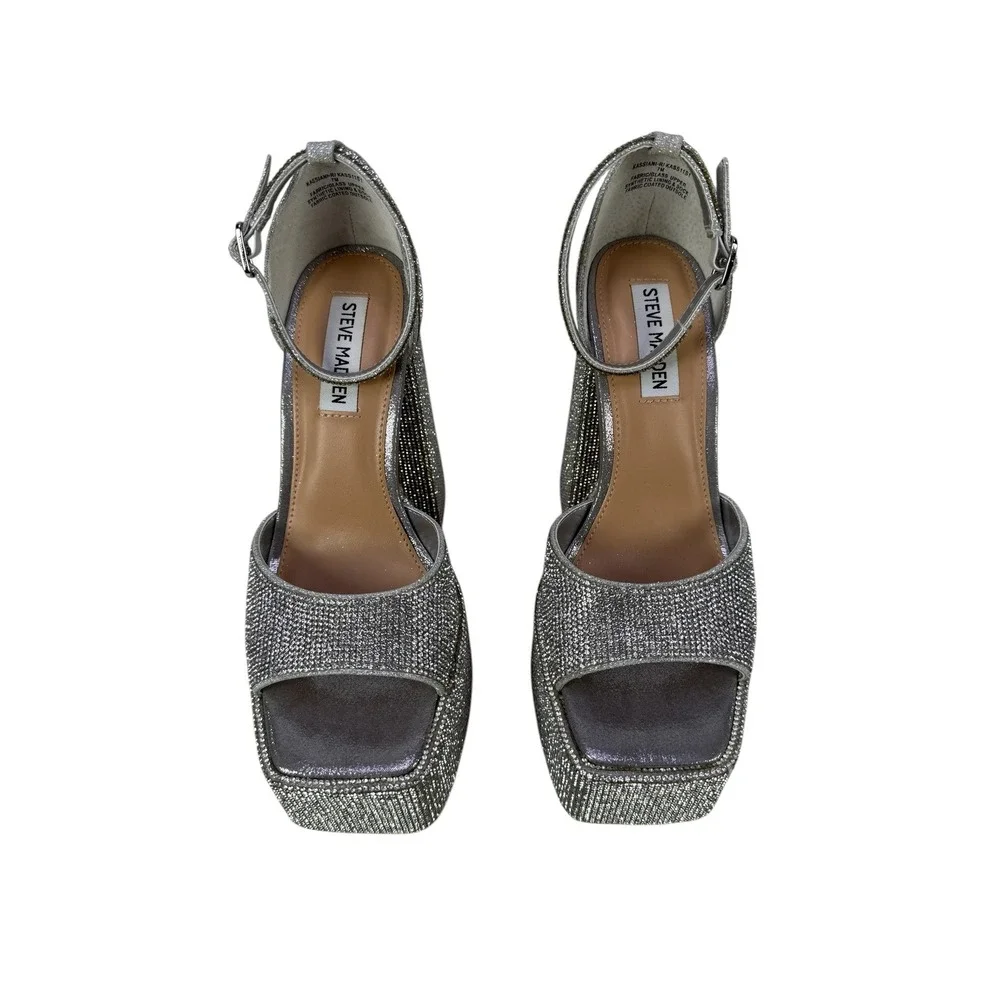 Steve Madden Kassiani Platform Sandals Womens 7‎ M Silver Rhinestone Block Heel